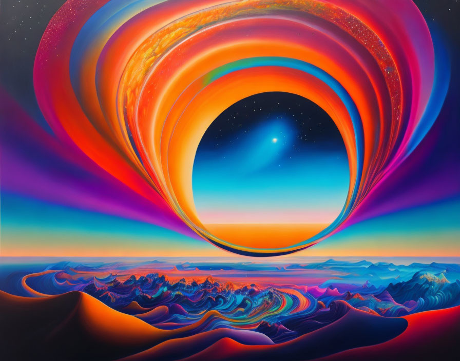 Colorful surreal landscape with swirling patterns and cosmic portal.