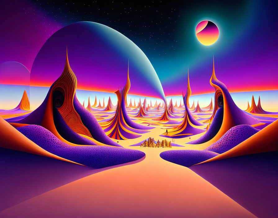 Colorful Abstract Landscape with Swirling Patterns and Surreal Structures