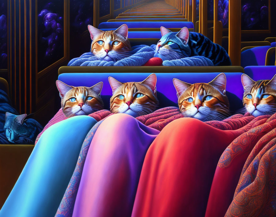 Vibrant Artwork of Cats with Human-Like Expressions in Theater Setting