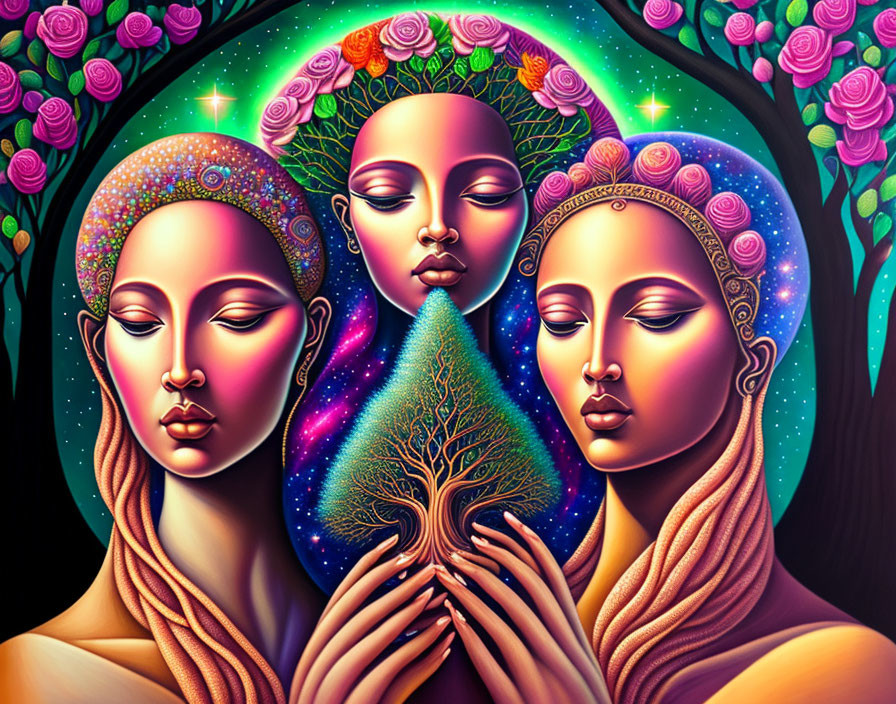 Stylized women with cosmic and floral motifs holding a luminous tree