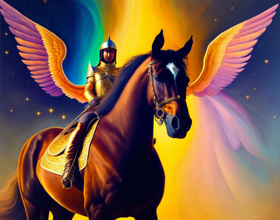 Armored knight on winged horse against cosmic backdrop