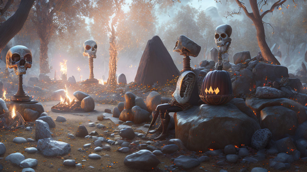 Glowing jack-o'-lantern and floating skulls in eerie forest setting