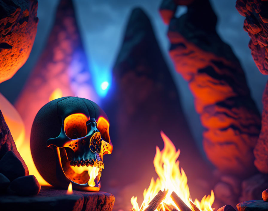 Stylized skull with ornate designs near fire in mystical setting