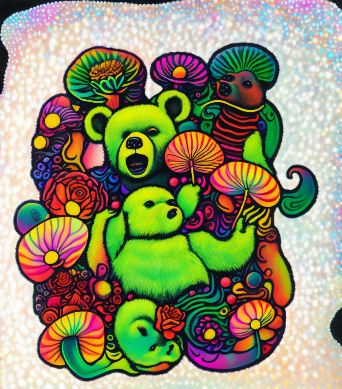 Vibrant psychedelic bears and floral patterns on sparkling background