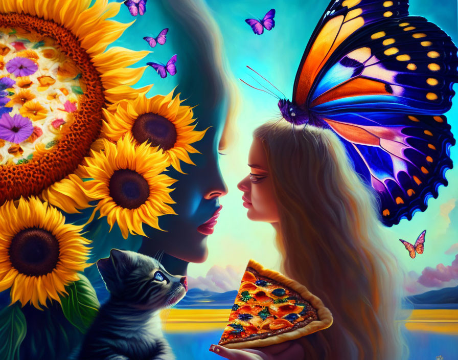 Colorful artwork featuring woman with sunflower hair, butterfly, girl with pizza, and kitten