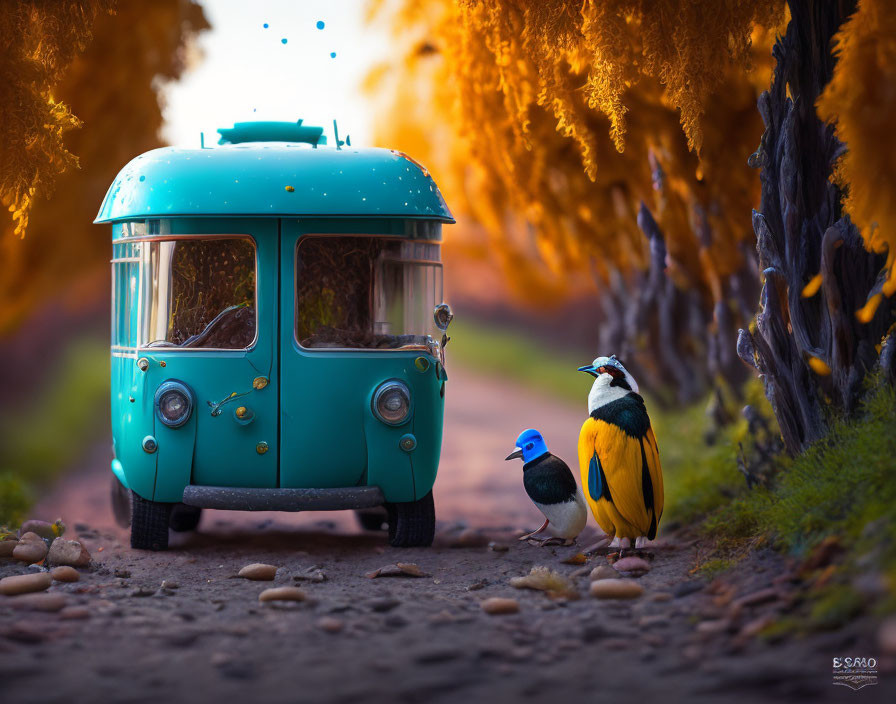 Miniature turquoise van with toy birds on pebble path near orange trees