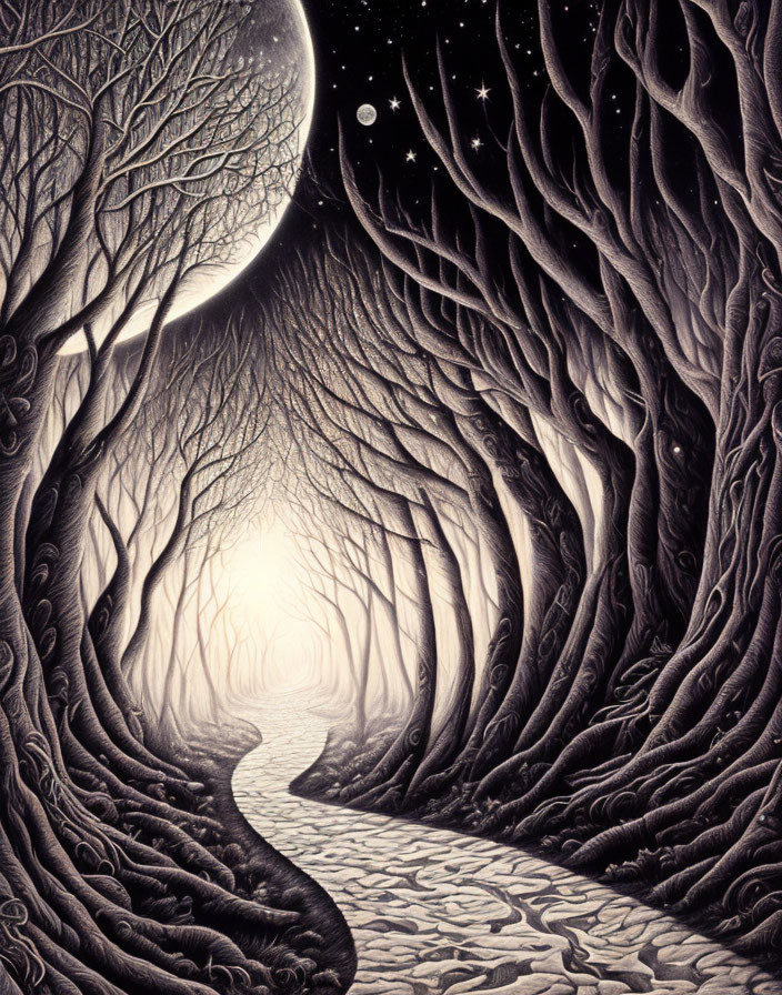 Enchanted path through gnarled trees under starry sky