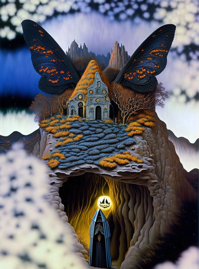 Surreal artwork: Cloaked figure, moth-winged house, rocky terrain, autumn foliage,