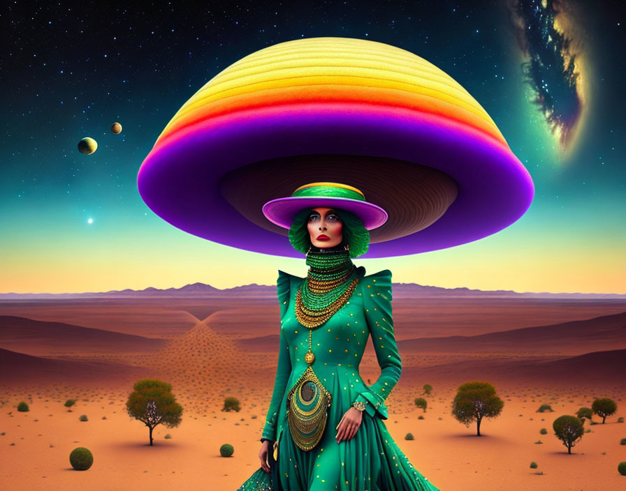 Colorful UFO-inspired outfit woman in desert with planets and space object in sky