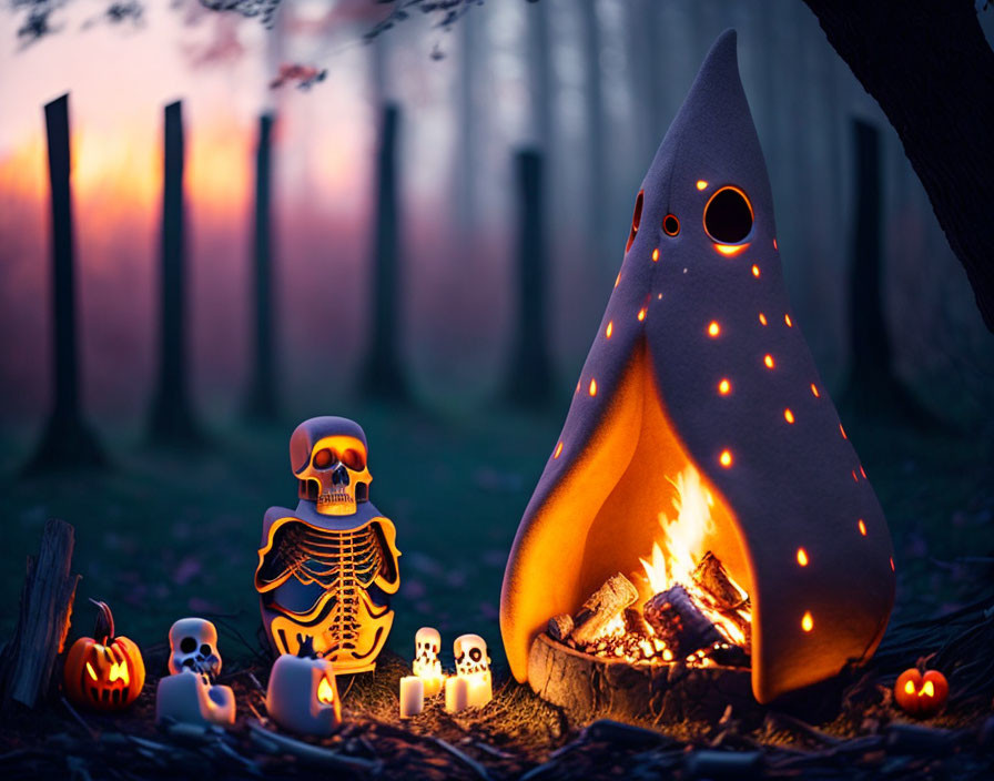 Whimsical Halloween scene with ghost-shaped tent, lit pumpkins, skulls, and campfire in