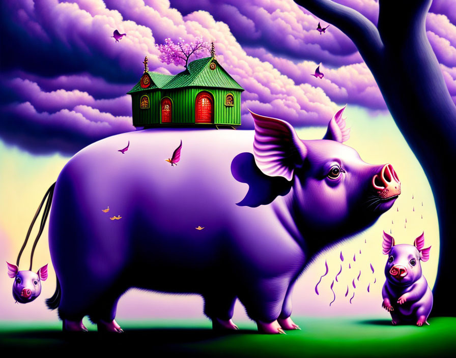 Colorful whimsical illustration of large purple pig with small house on back, piglet, and flying