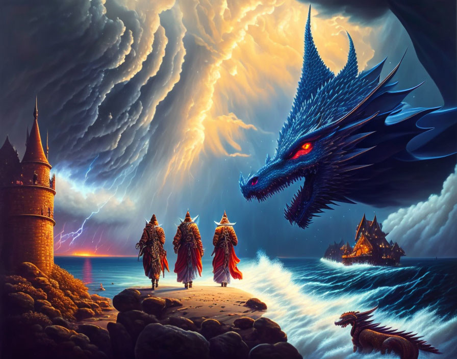 Armored warriors face dragon on stormy beach with castle and ship.