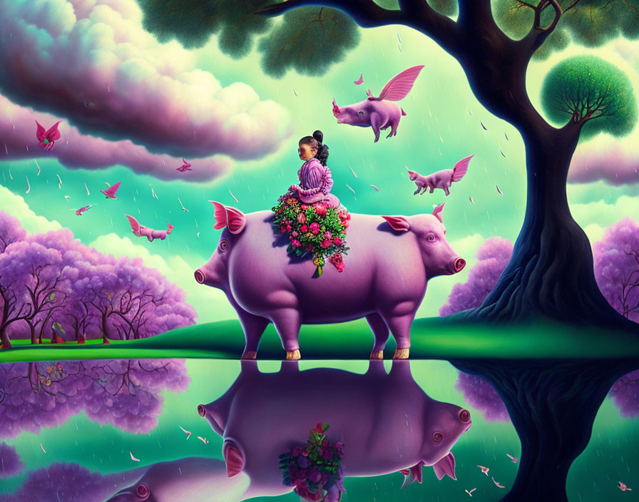 Surreal artwork: Person riding giant pig under mirrored landscape