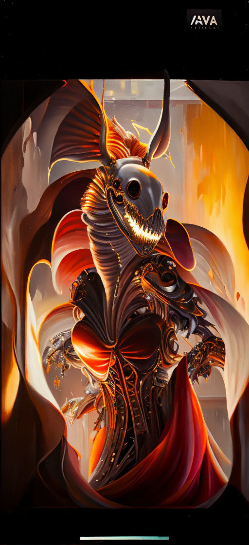 Armored winged creature with skull-like helmet in fiery scene with gold and red details.