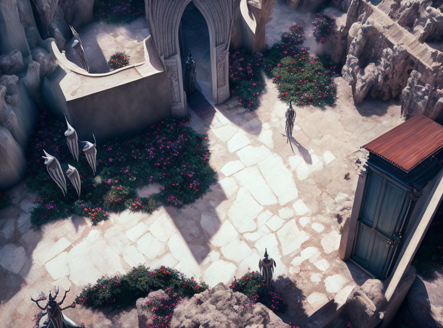 Tranquil courtyard with pink flowers, stone pathways, archways, and statues