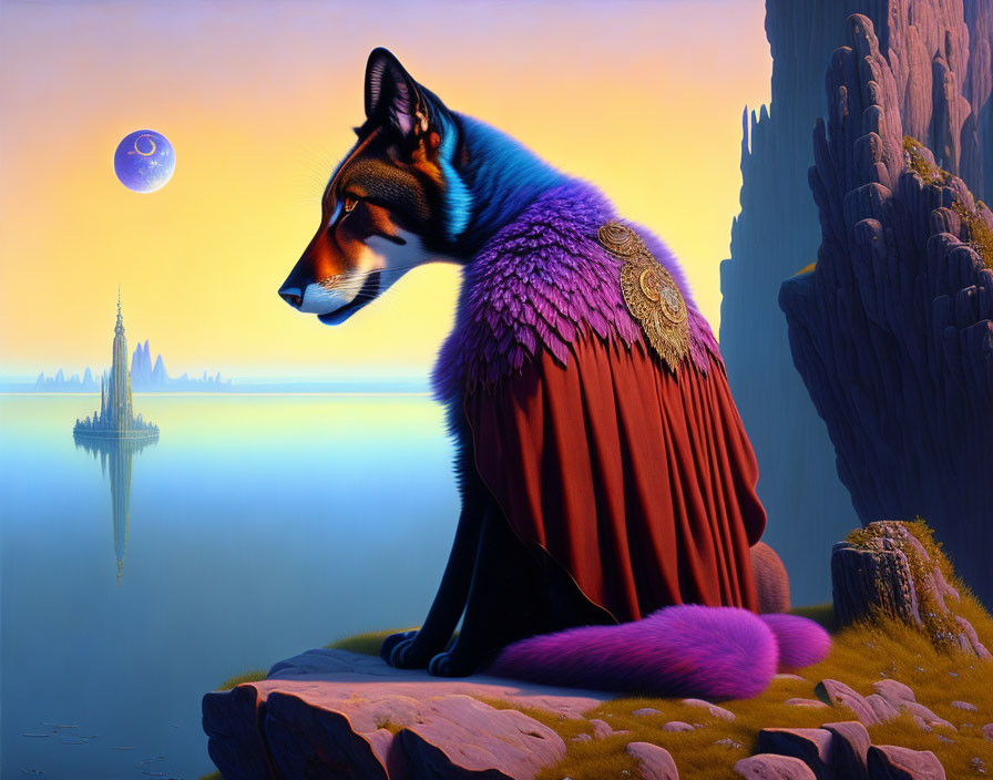 Anthropomorphic fox in regal cloak on cliff with castle and moon.