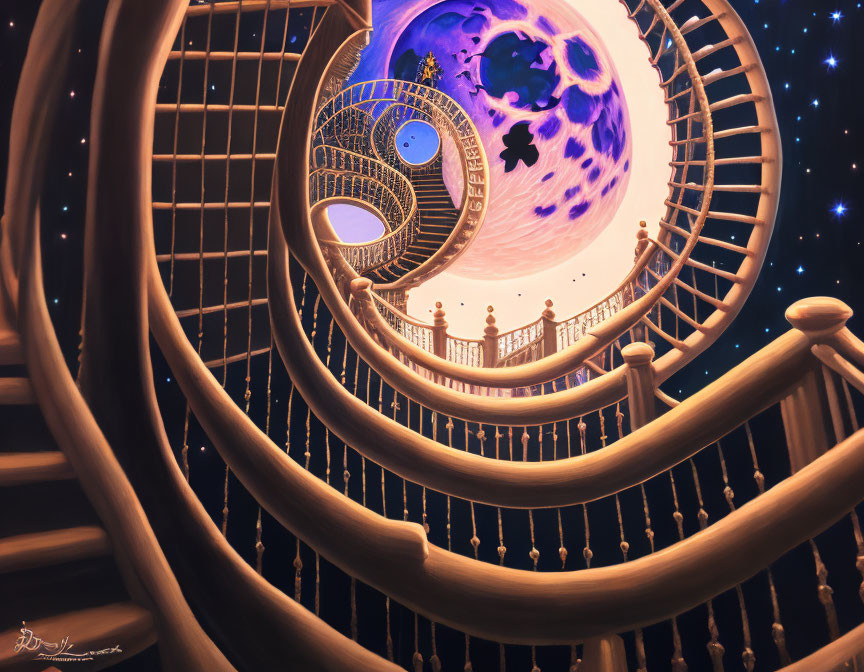 Fantasy artwork: Wooden staircase to circle window with blue moon view