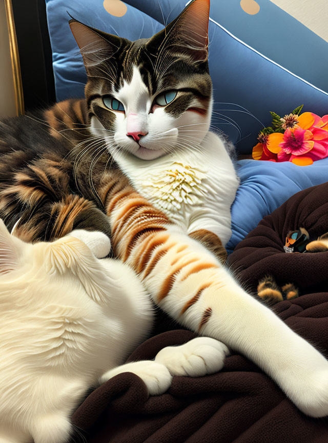 Two cats snuggled on blue pillow with flowers in close-up