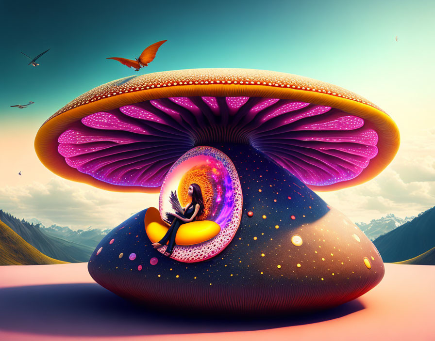 Surreal image of giant galaxy-patterned mushroom sheltering woman in dreamy mountainous scene