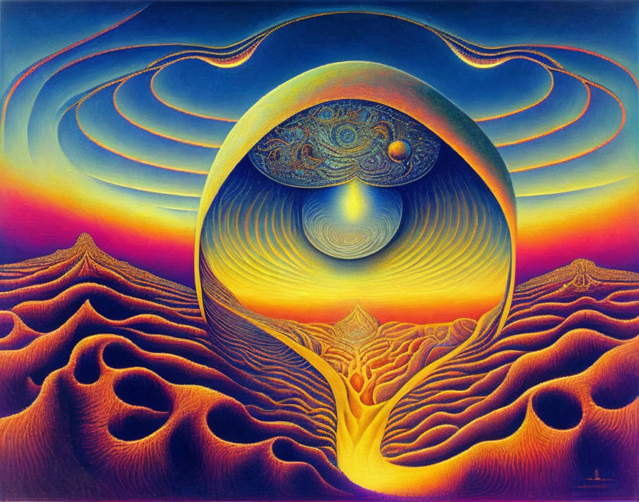 Surreal landscape with glowing orb, undulating hills, and cosmic elements