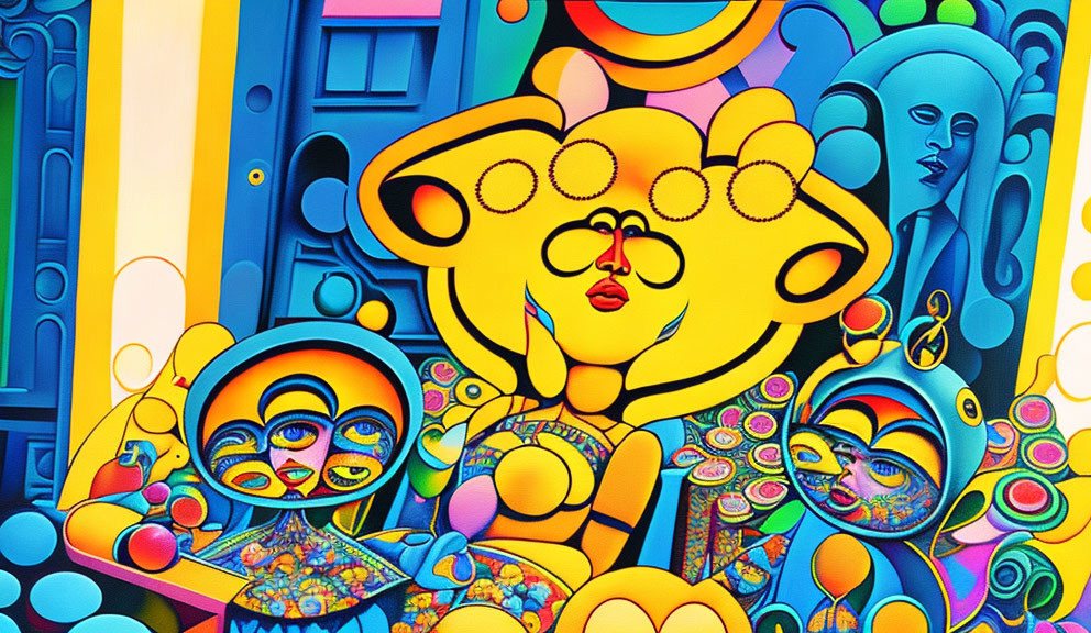 Colorful Psychedelic Art with Abstract Figures on Bright Yellow Background