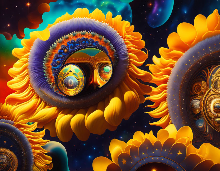 Intricate digital artwork of cosmic flowers with surreal patterns