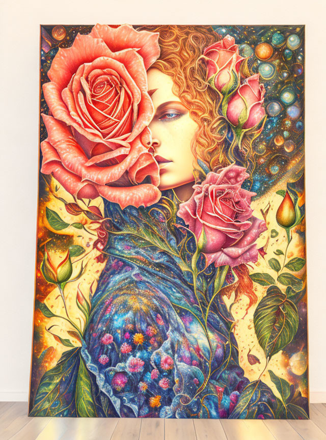 Vibrant woman portrait with roses and nature-inspired celestial motifs