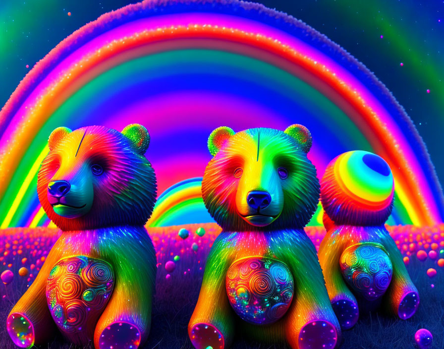 Colorful Psychedelic Bear Figures in Neon Sky with Rainbow and Orbs