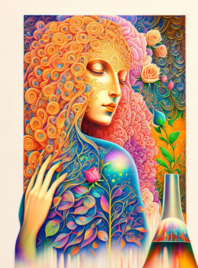 Colorful Illustration of Tranquil Woman with Floral and Cosmic Motifs