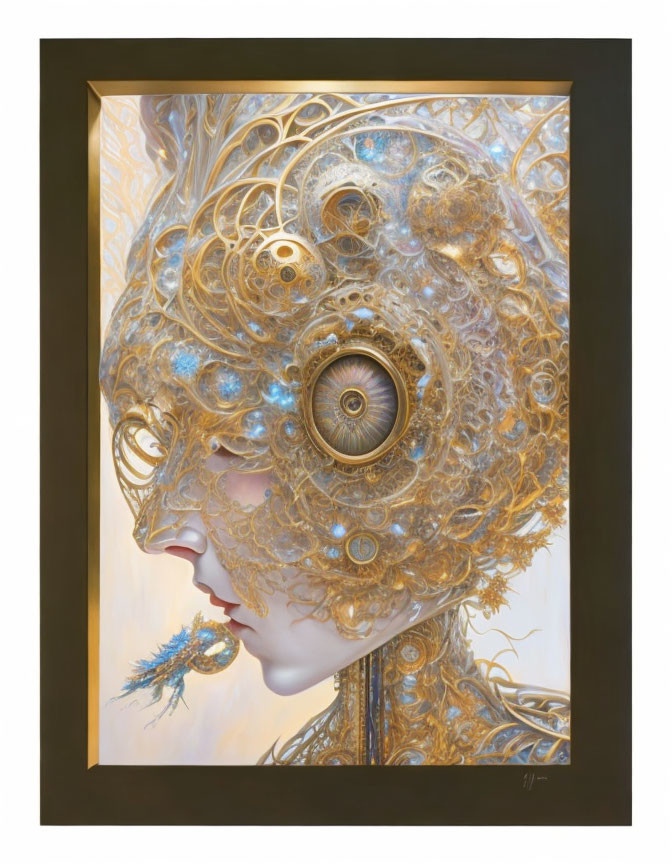 Fantastical figure with golden mechanical details and swirling patterns.