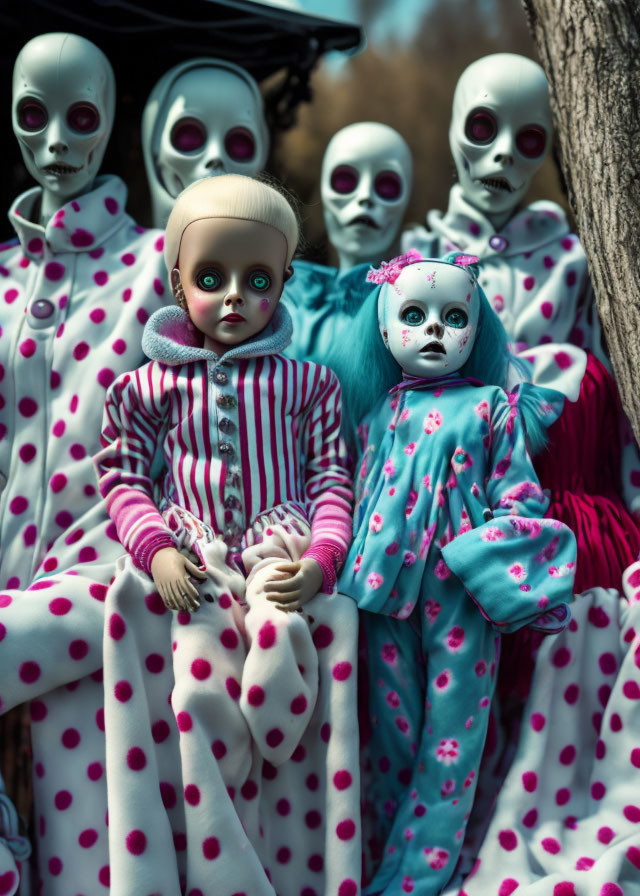 Colorful eerie dolls with oversized heads and haunting expressions in blurred natural setting