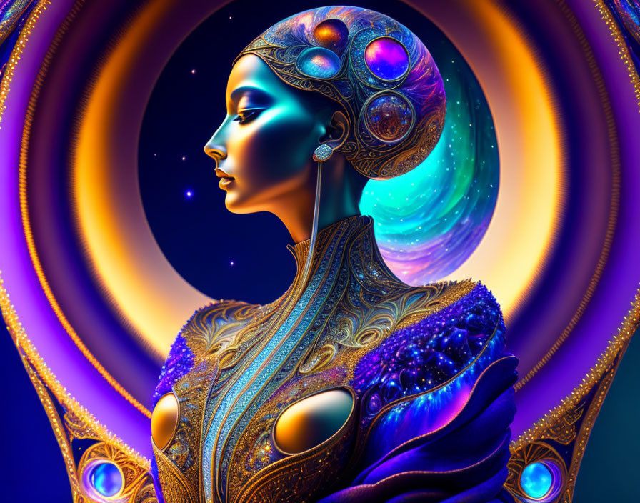 Regal figure with cosmic headdress in vibrant digital art