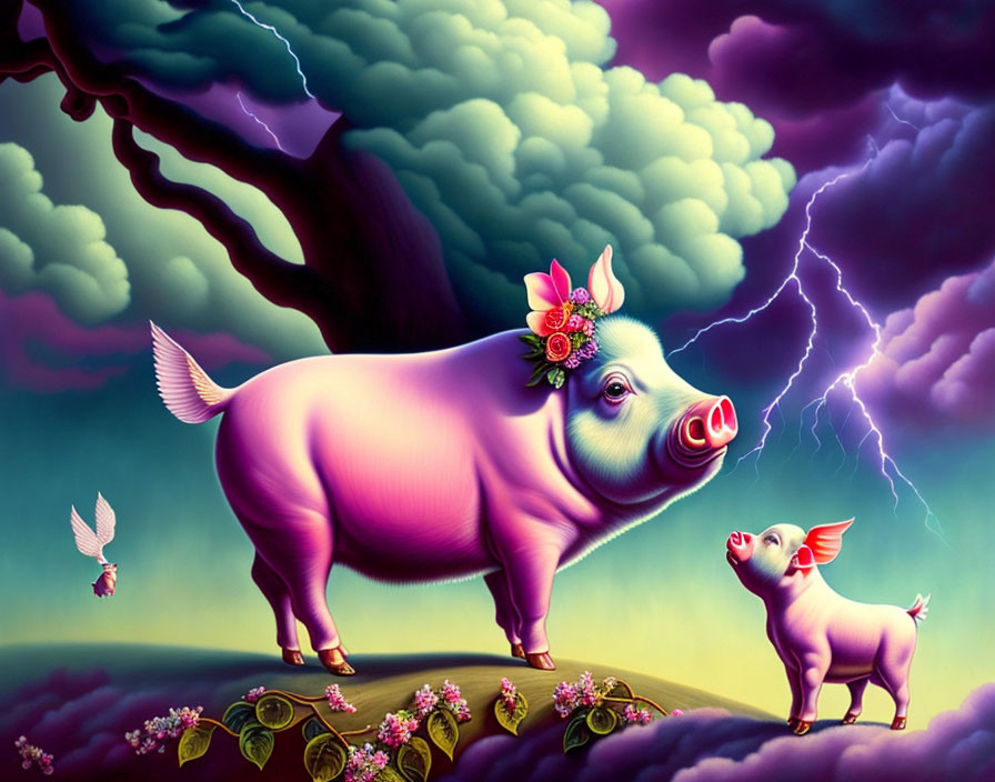 Illustration of Pink Winged Pig with Piglet, Dove, and Stormy Sky