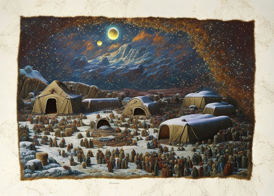 Fantastical painting: Starry night over snowy nomadic encampment