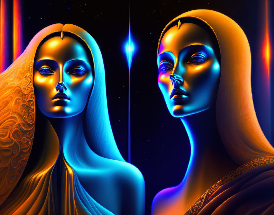 Stylized female figures with glowing blue skin in cosmic setting