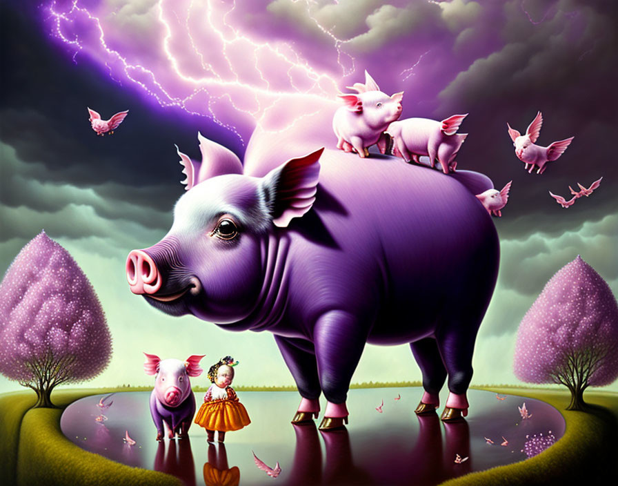 Surreal illustration: oversized pigs, purple sky, lightning, girl, birds, water, trees