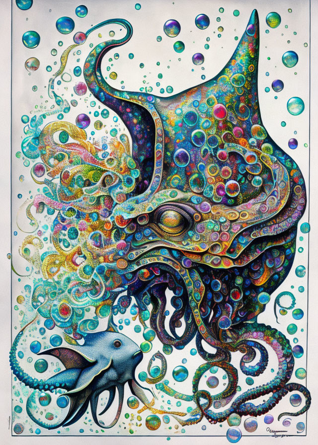 Colorful Octopus Illustration with Psychedelic Patterns and Bubbles