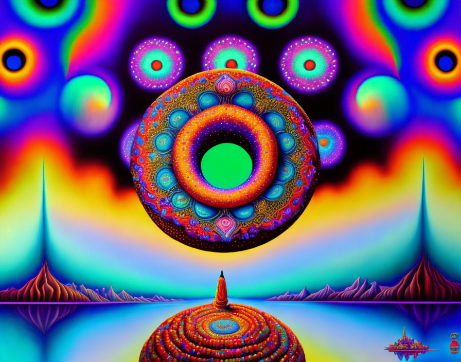 Colorful Psychedelic Artwork Featuring Green Eye Motif and Mirrored Landscapes