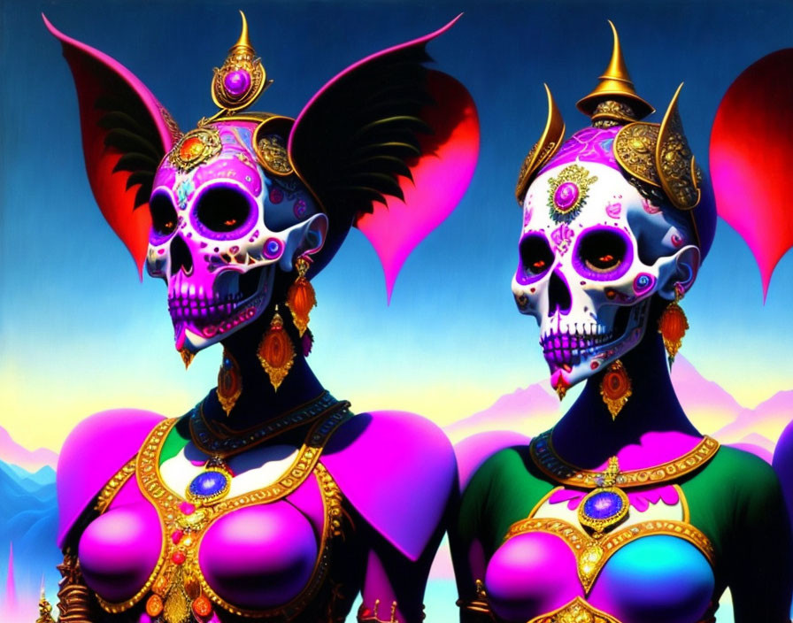 Stylized skeletal figures in decorative costumes and face paint on colorful background