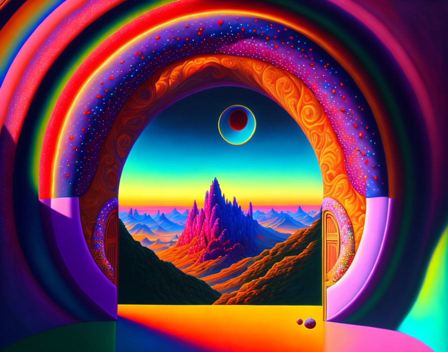 Colorful Psychedelic Landscape with Ringed Planet & Alien Door