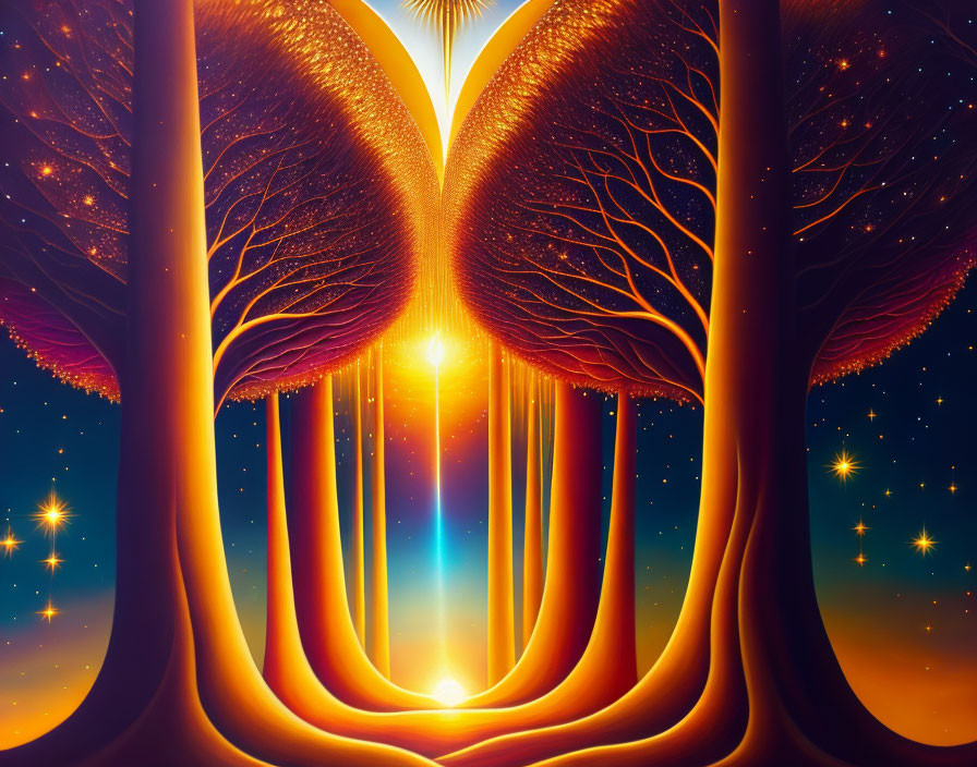 Mirrored tree formations with interlocking roots under colorful light source