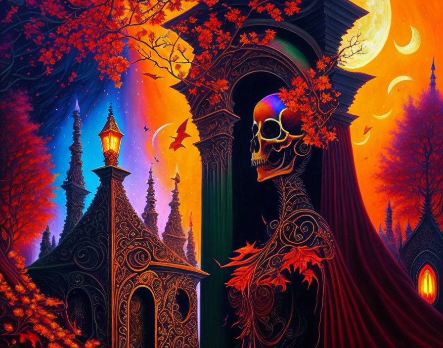 Detailed Gothic Scene Illustration with Skull, Autumn Trees, Bats, and Gates