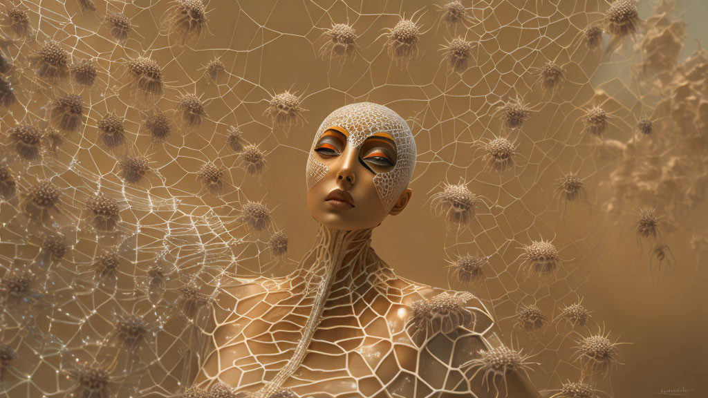 Bald figure with spider-like features in surreal setting