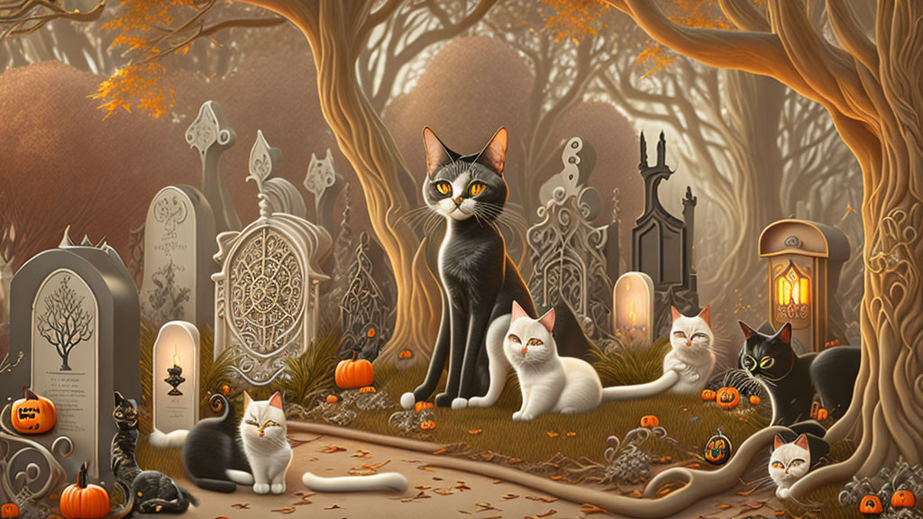 Various Cats in Autumnal Setting with Pumpkins, Gravestones, and Lantern