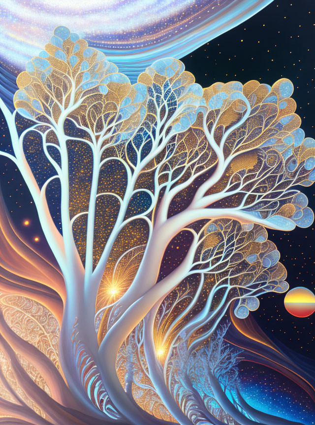 Intricate glowing trees under starry sky with distant planets