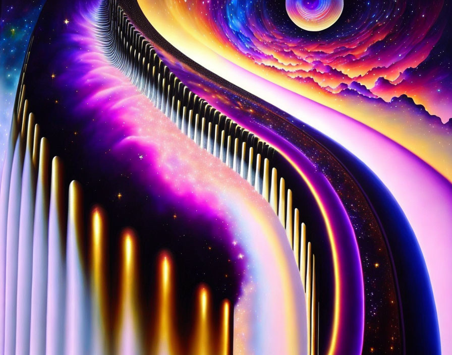 Surreal cosmic scene: starry galaxy, vibrant nebulas, curved piano keyboard