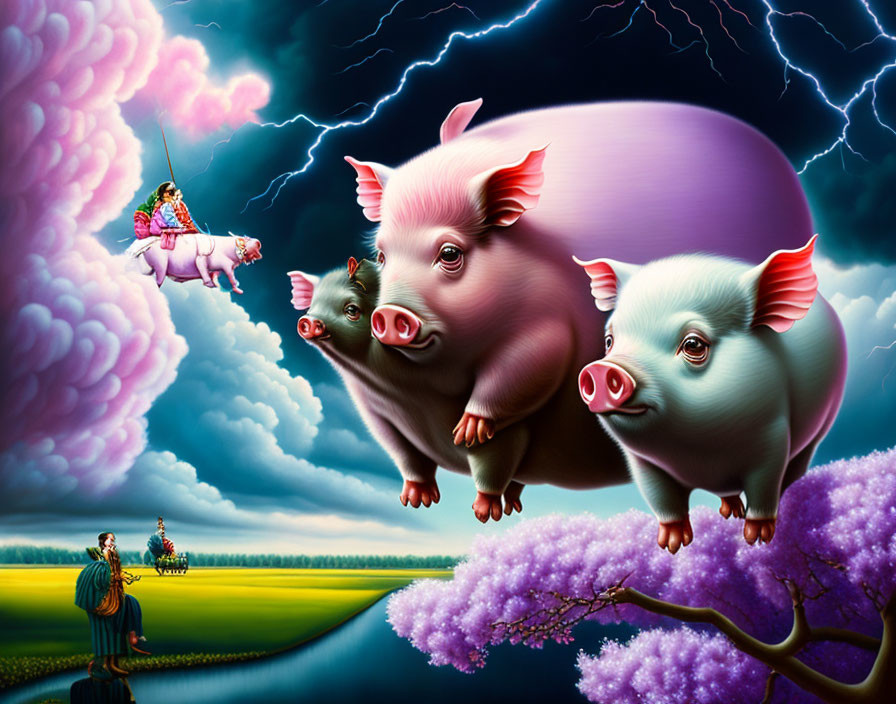 Surreal Painting: Flying Pigs, Stormy Sky, Man, Figures on Tiny Pig