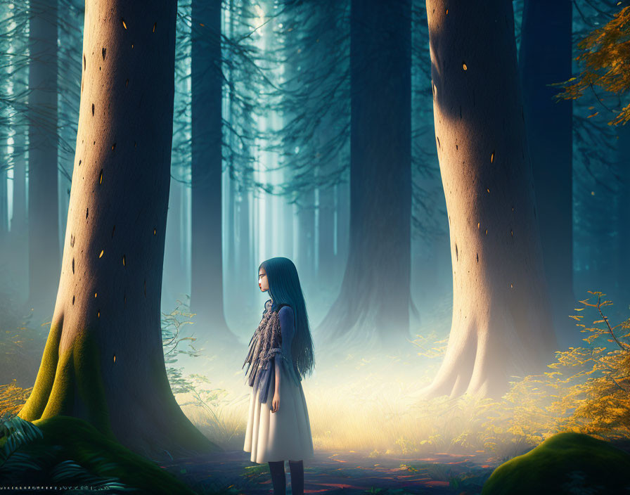 Young girl in misty sunlit forest with towering trees and green foliage.