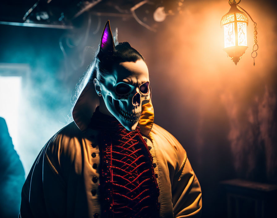 Person in Skull Mask and Devil Horns Stands Under Lantern in Fog