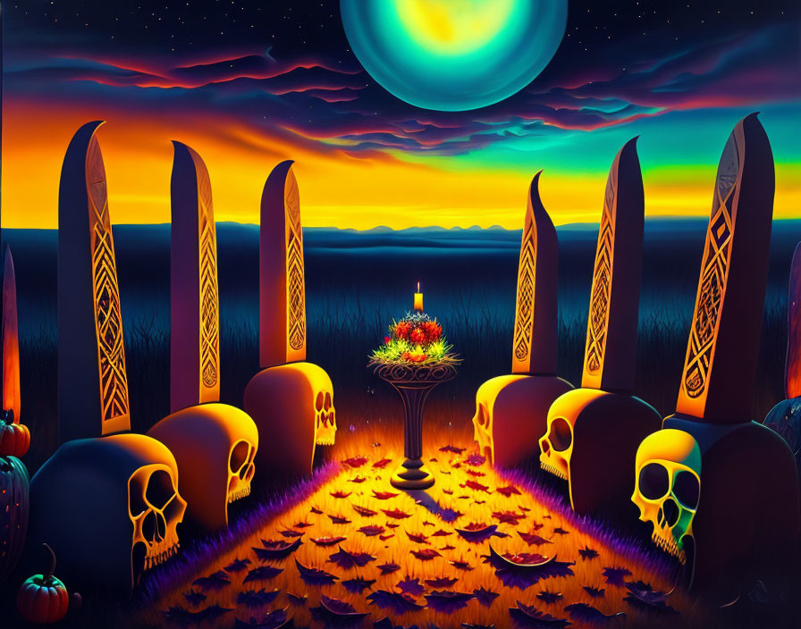 Decorative tombstones, candlelit table, pumpkins under moonlit sky